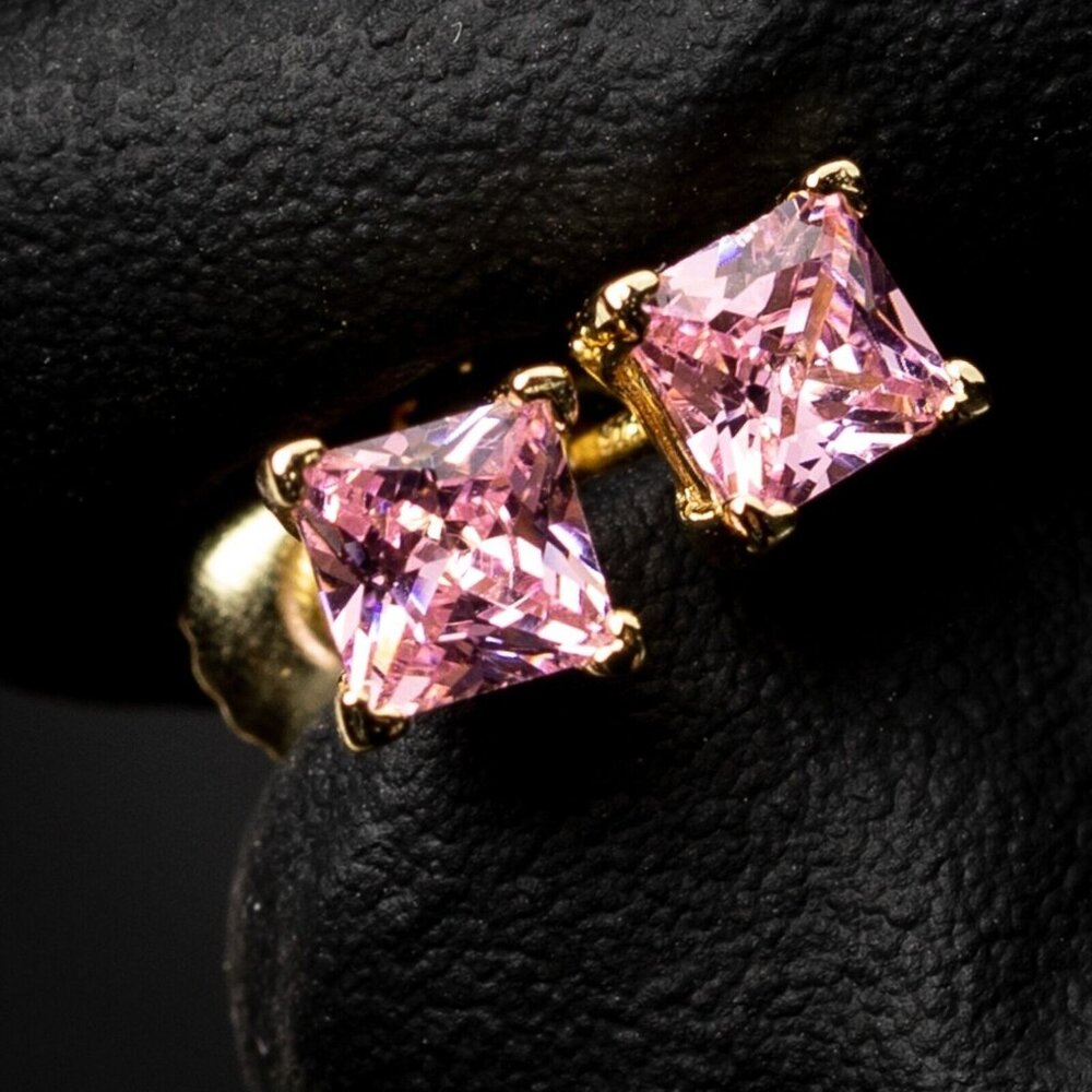 Small Gold 925 Sterling Silver Square Pink Princess Cut Stud Women's Earrings